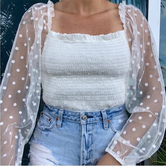 Iris White Sheer Princess Smocked Polka Dot Blouse Top M - Picture 1 of 8